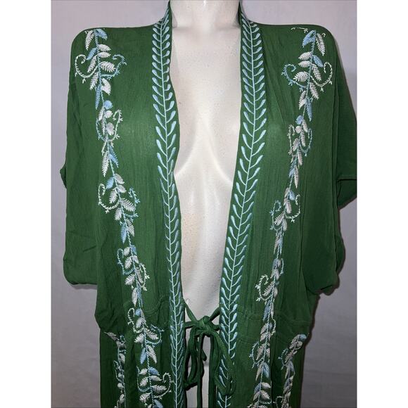 New Curations Top Size P2X Green Embroidered Tie Waist Kimono Caftan Duster NWT - Picture 2 of 9
